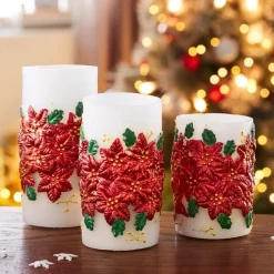 Décorations Intérieures Noël|Décorations|Tempsl 3 bougeoirs LED poinsettia