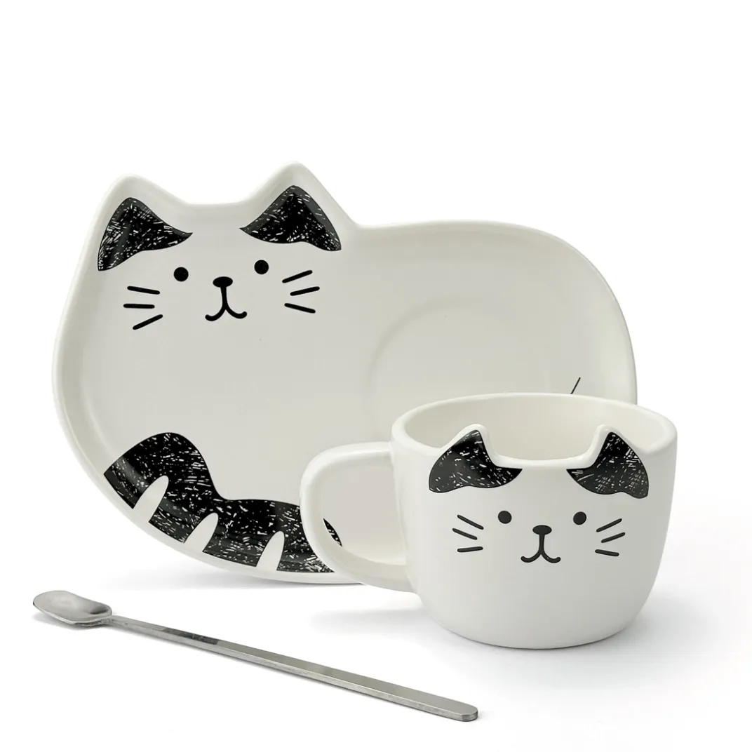 Accessoires Petit-Déjeuner|Tempsl LOT DE 2 ASSIETTES ET TASSES CHAT